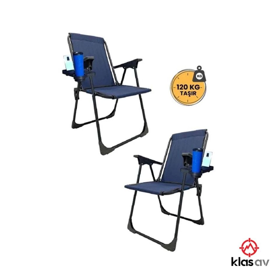 Klas Av 2 Adet Mavi Katlanır Kamp Sandalyesi - Plaj Piknik Sandalyesi Bardaklıklı M1