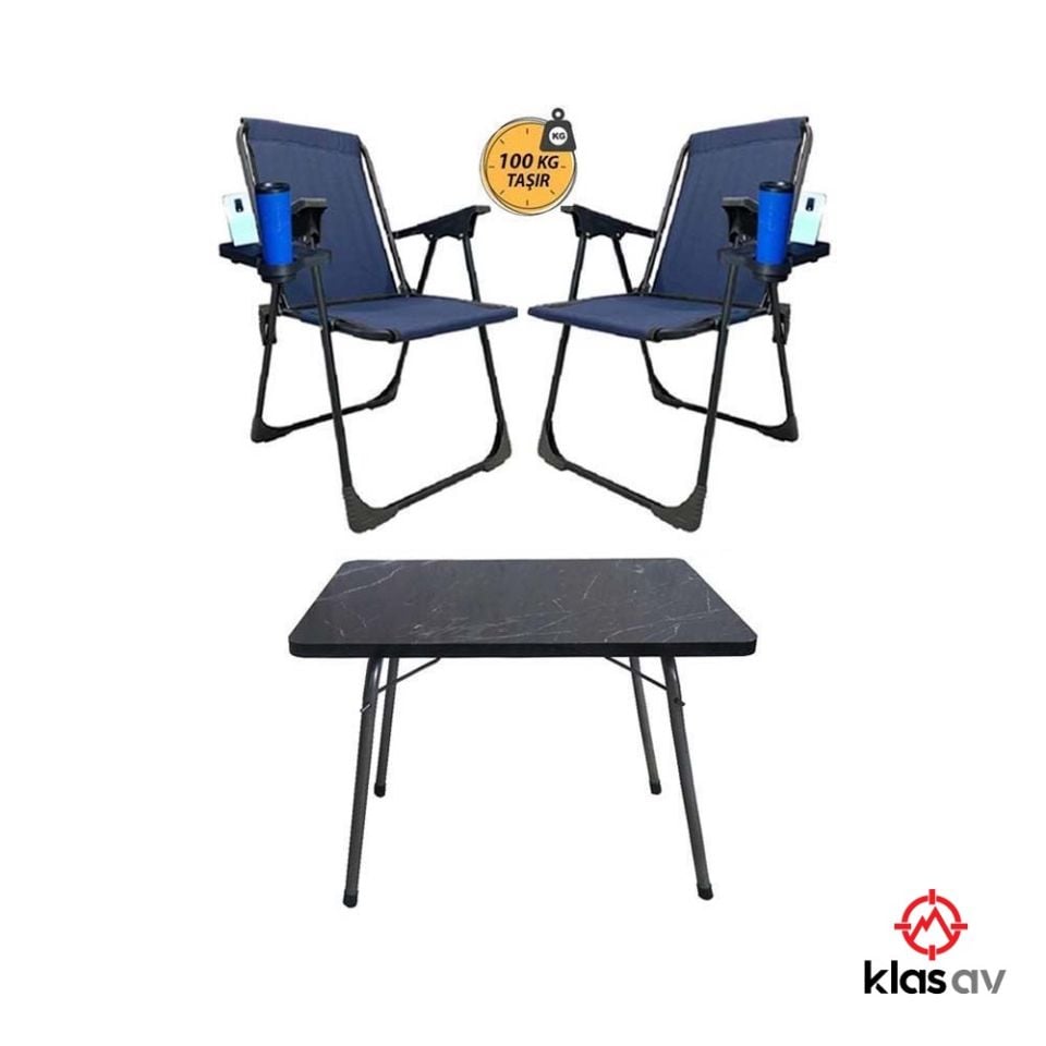 Klas Av 2 Adet Katlanır Kamp Sandalye Siyah ve Masa Seti-Taşınabilir Piknik Bahçe Sandalyesi-Masası