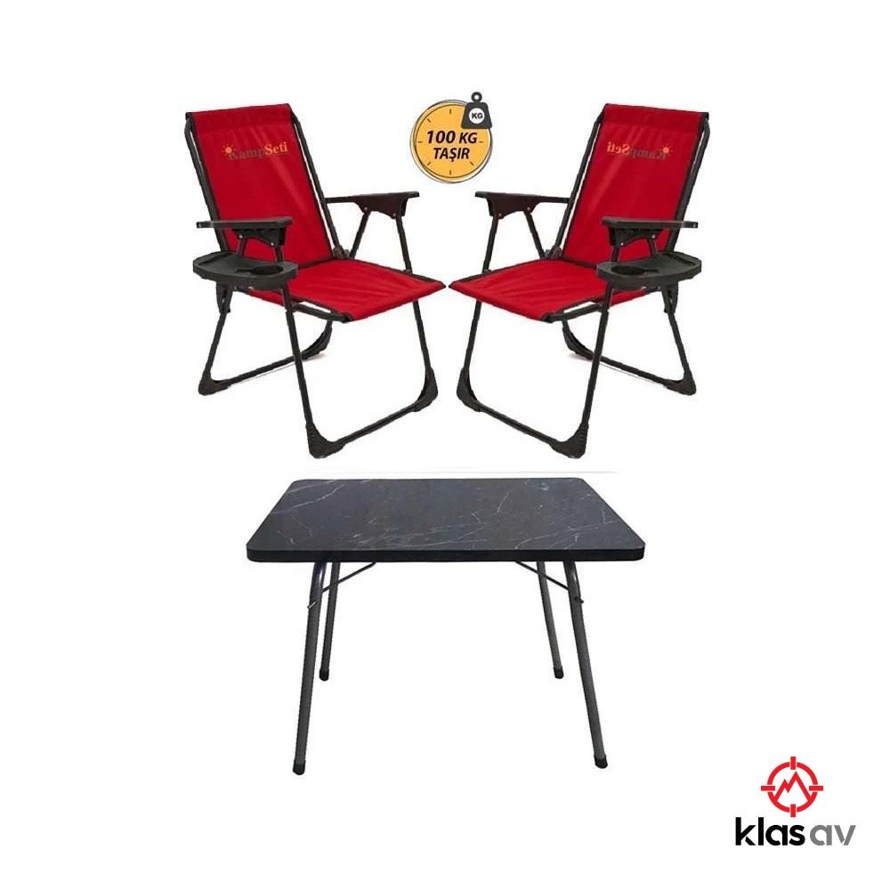 Klas Av 2 Adet Katlanır Kamp Sandalye Kırmızı-Siyah ve Masa Seti-Taşınabilir Piknik Bahçe Sandalyesi-Masası