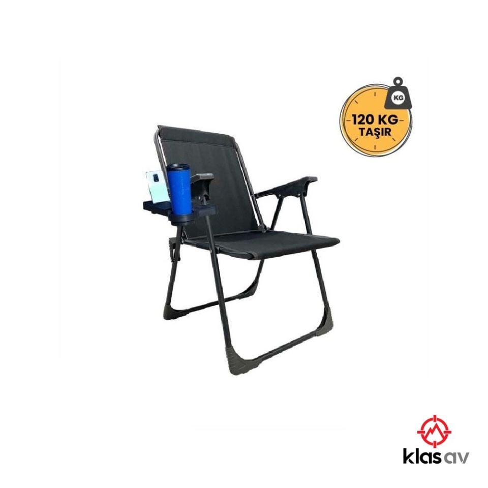 Klas Av Katlanır Kamp Sandalyesi - Siyah Piknik Sandalyesi Bardaklıklı-M1