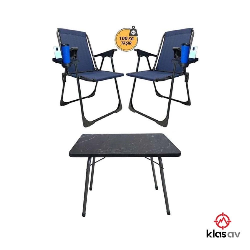 Klas Av 2 Adet Katlanır Kamp Sandalye Lacivert-Siyah ve Masa Seti-Taşınabilir Piknik Bahçe Sandalyesi-Masası