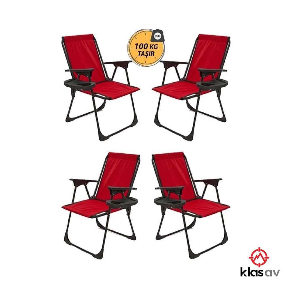 Kampseti 4 Adet Katlanır Kamp Sandalyesi-Kırmızı