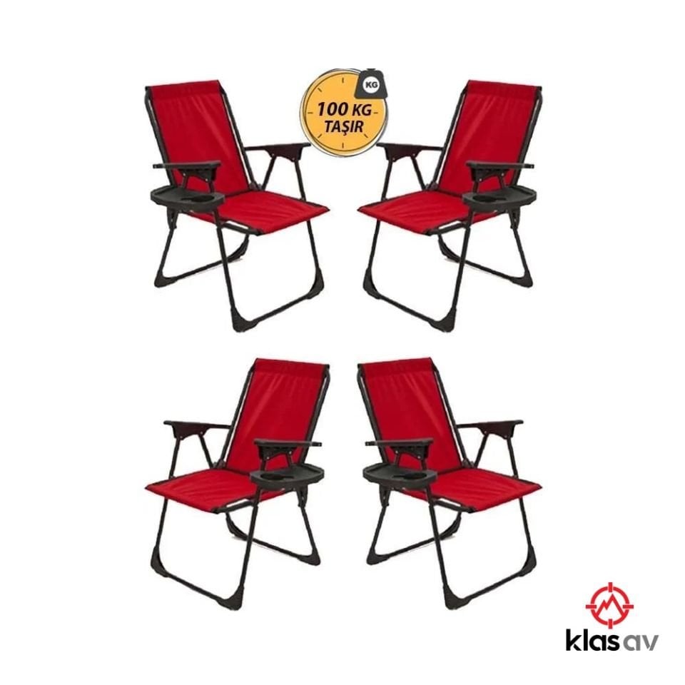 Kampseti 4 Adet Katlanır Kamp Sandalyesi-Kırmızı