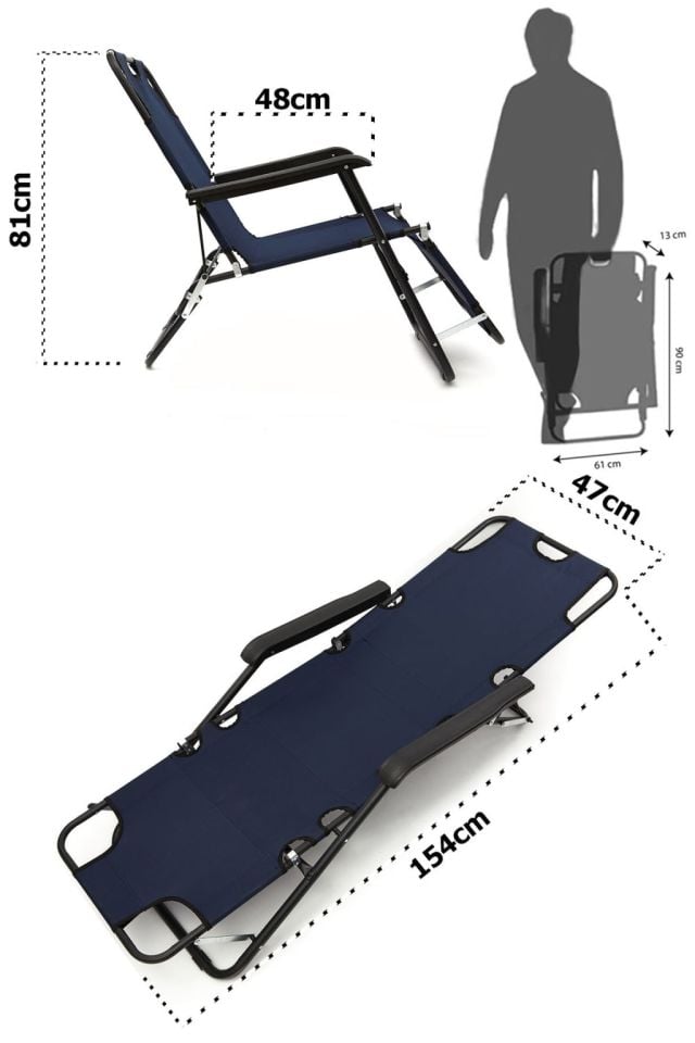 Klas Av Katlanır Şezlong Lacivert-Portatif Plaj Bahçe Kamp Şezlongu