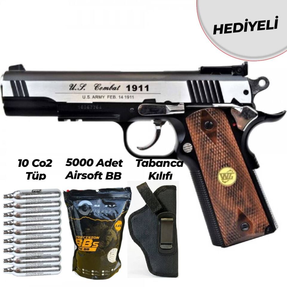 WinGun Full Metal Blowback Siyah/Gümüş CO2 Airsoft Tabanca (Ahşap Kabzalı)