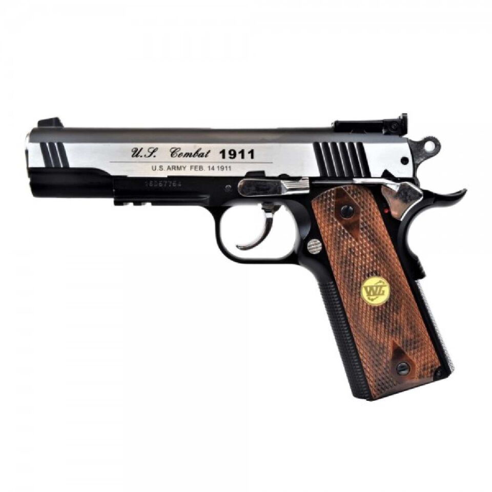WinGun Full Metal Blowback Siyah/Gümüş CO2 Airsoft Tabanca (Ahşap Kabzalı)