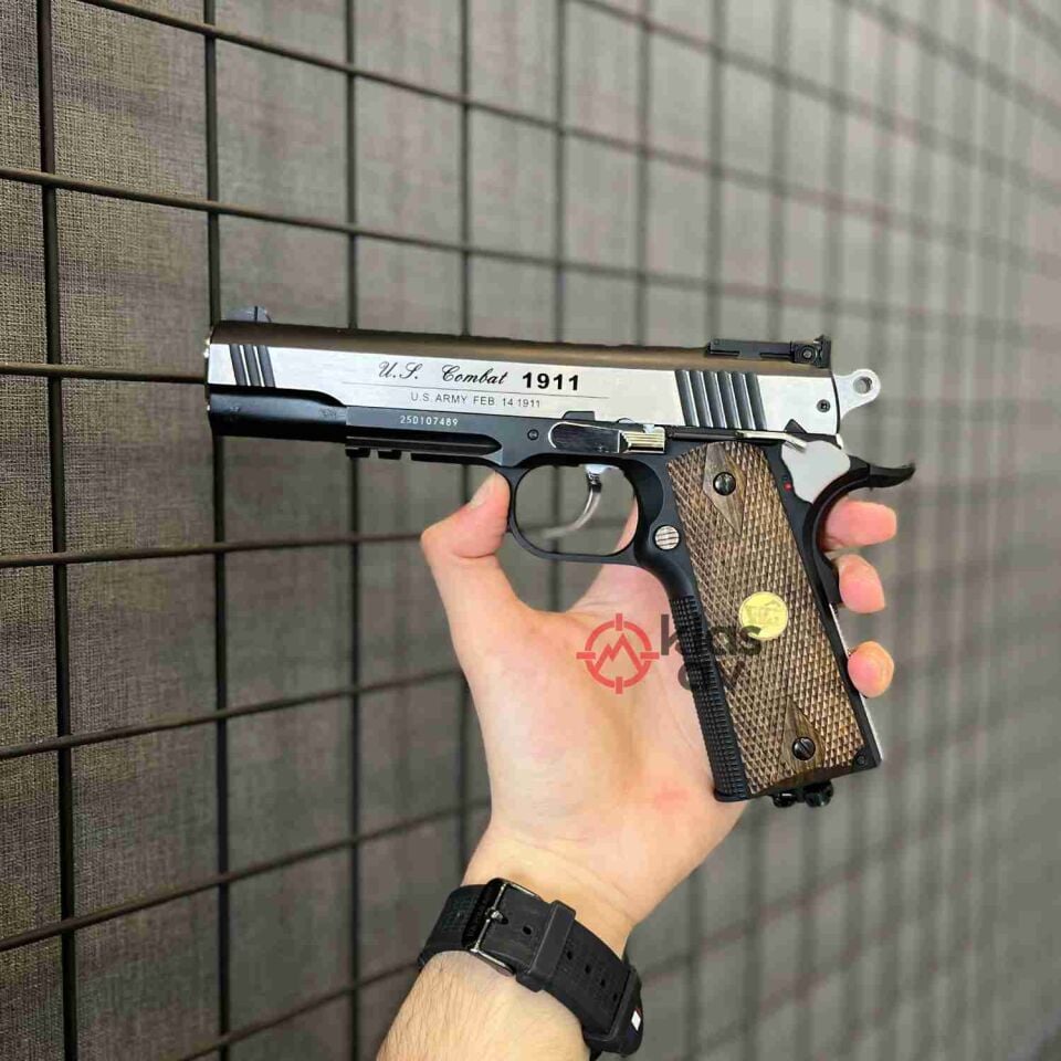 WinGun Full Metal Blowback Siyah/Gümüş CO2 Airsoft Tabanca (Ahşap Kabzalı)