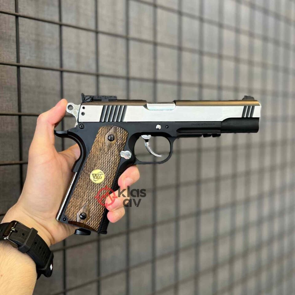WinGun Full Metal Blowback Siyah/Gümüş CO2 Airsoft Tabanca (Ahşap Kabzalı)