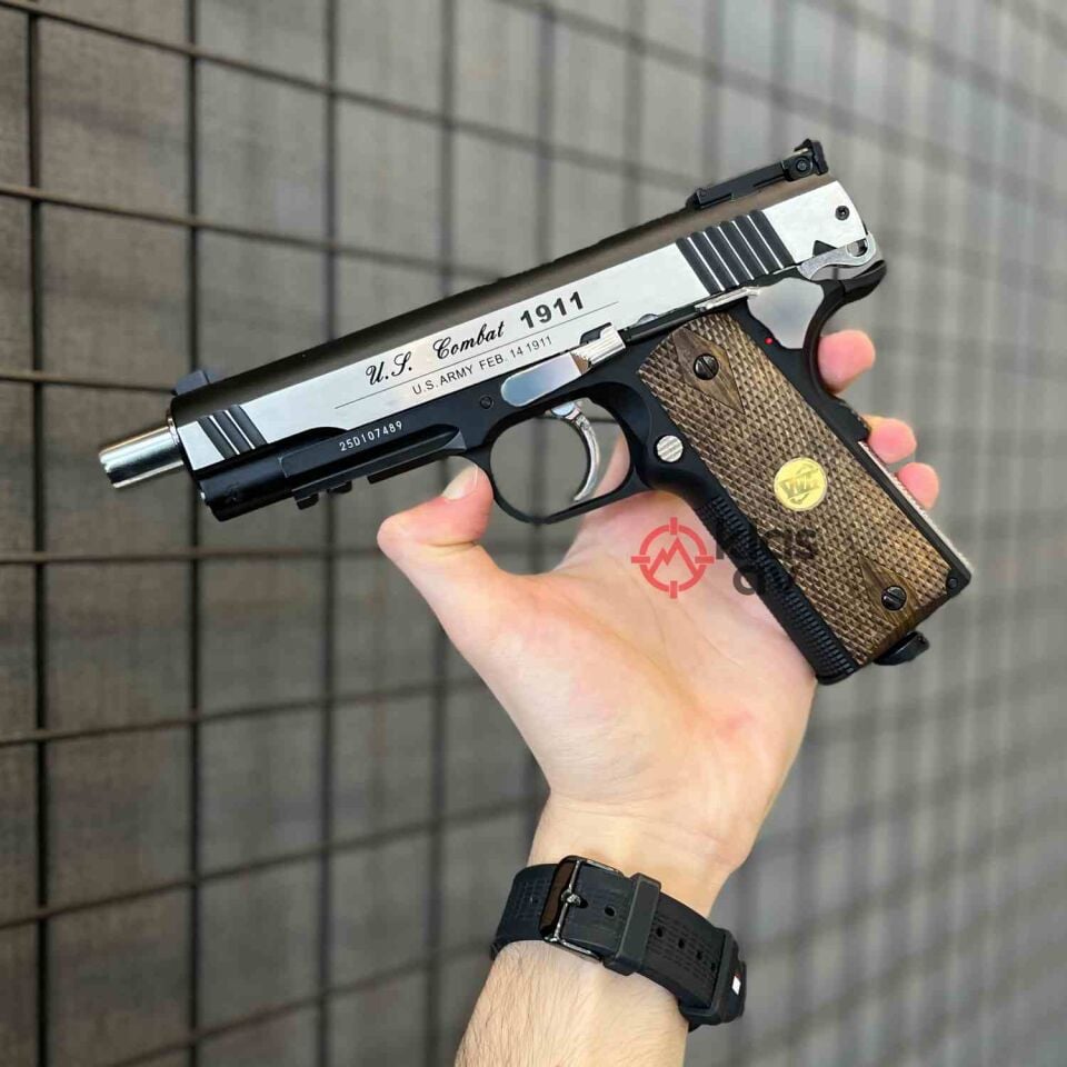 WinGun Full Metal Blowback Siyah/Gümüş CO2 Airsoft Tabanca (Ahşap Kabzalı)