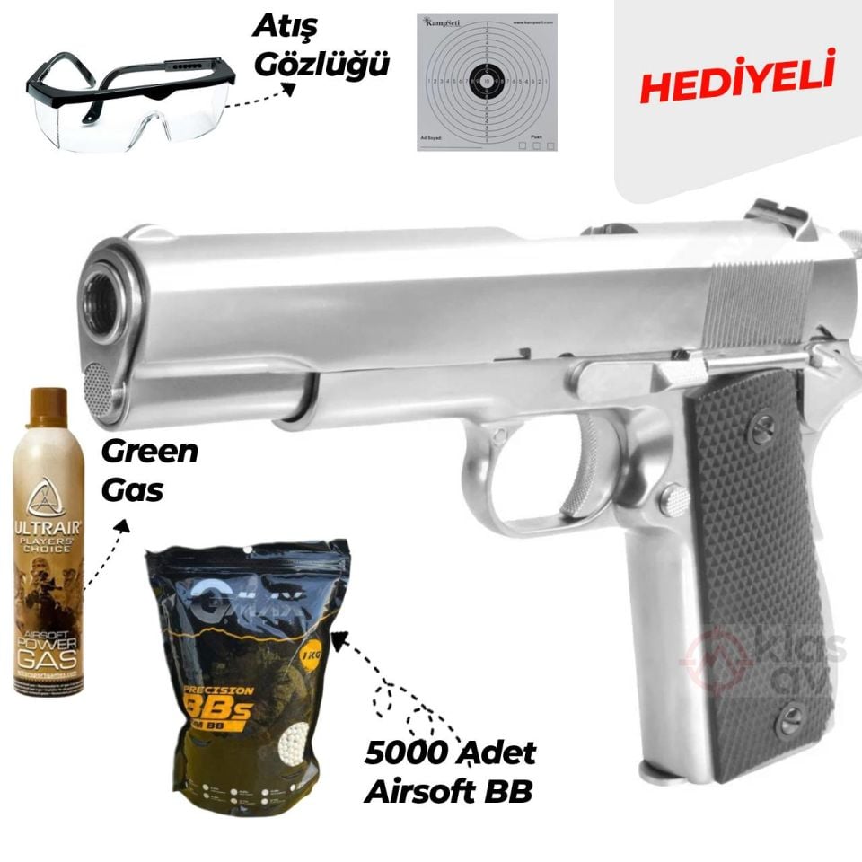WE Colt 1911 A1 Silver Pro Grips  Blowbackli Airsoft Tabanca 6mm