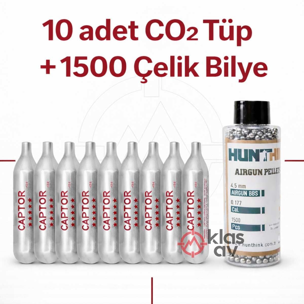 Hunthink 1500 Adet Çelik Bilye ve Captor 10'lu CO2 Tüp Seti